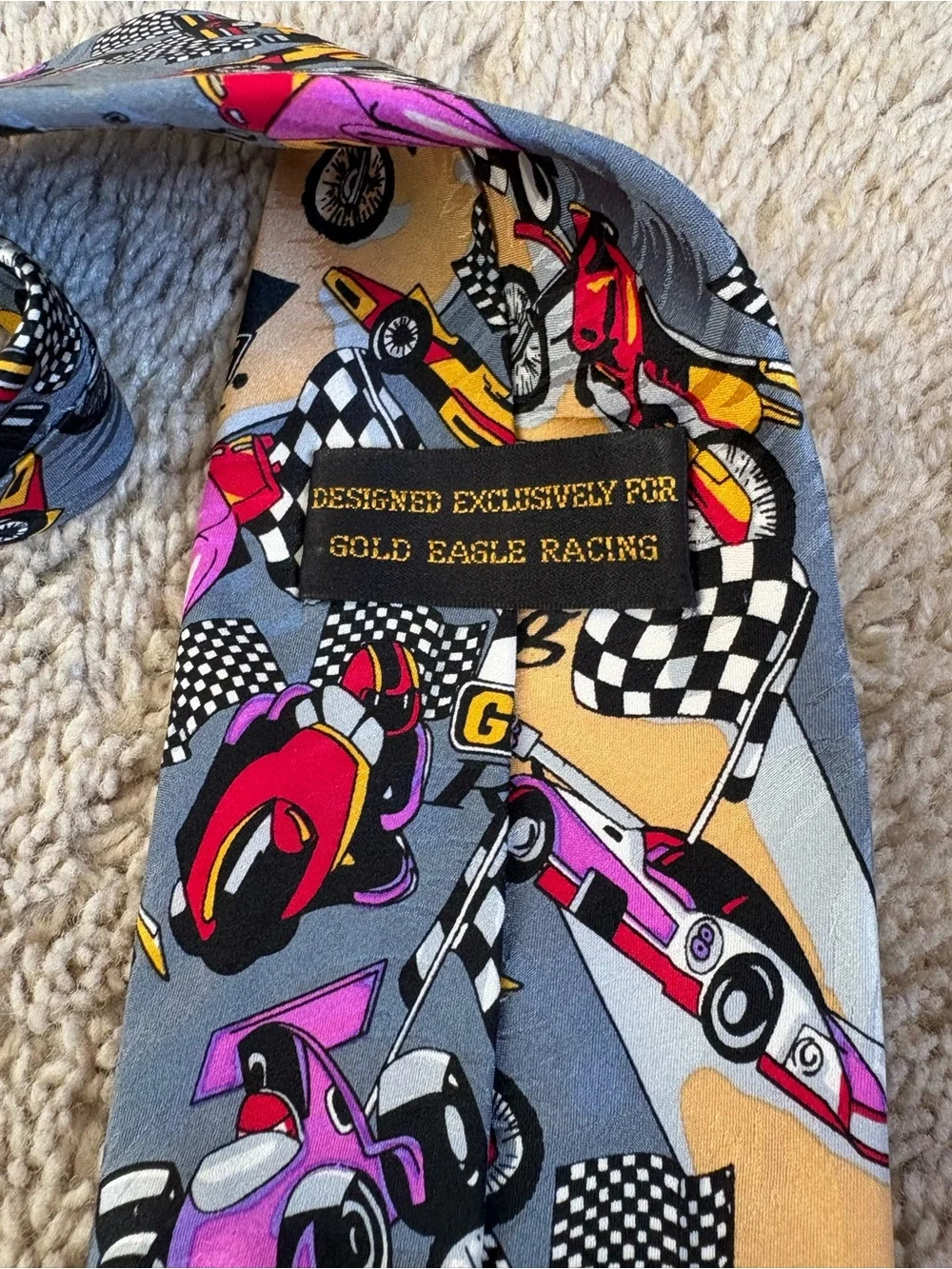 Gold Eagle Racing Kids Tie in Gray with Multicolor Cars
